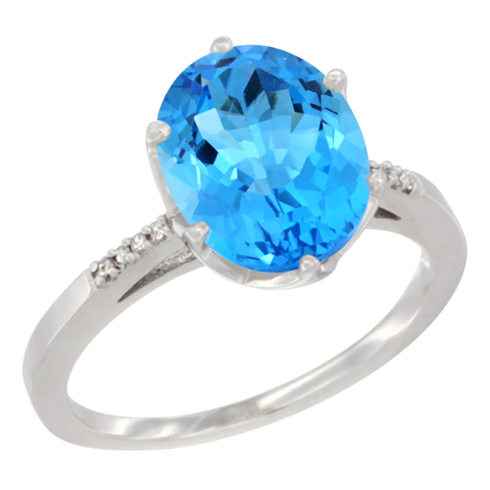 14K White Gold Natural Swiss Blue Topaz Engagement Ring 10x8 mm Oval, sizes 5 - 10