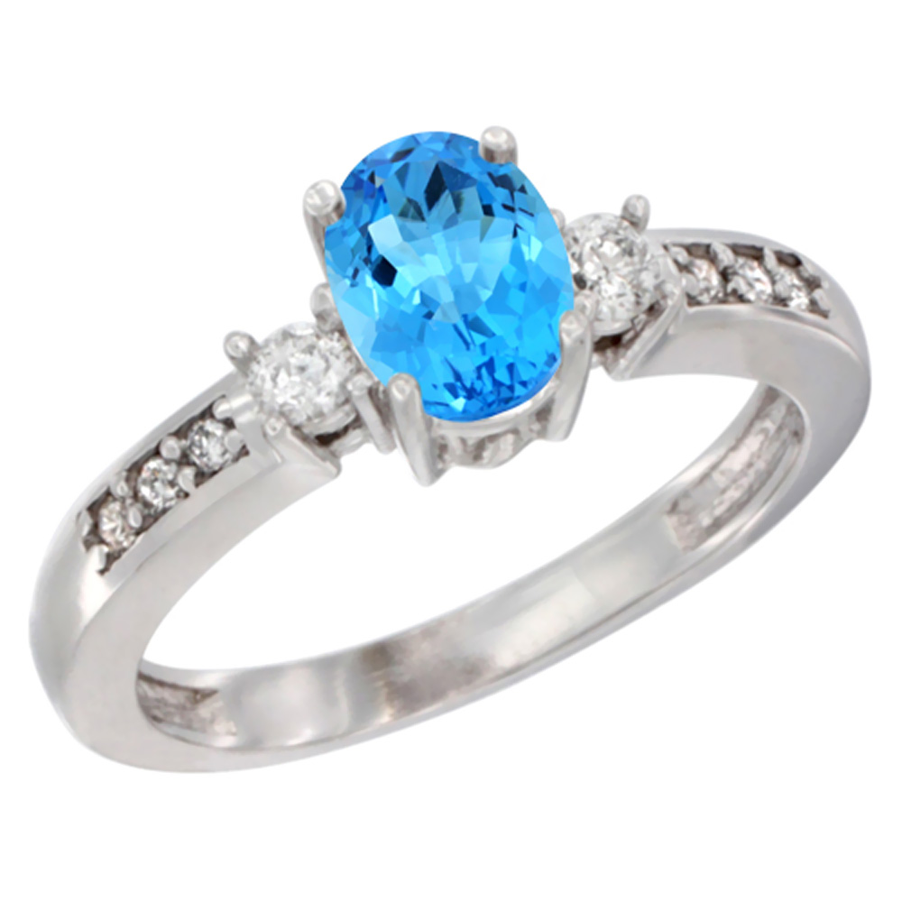 14K White Gold Diamond Natural Swiss Blue Topaz Engagement Ring Oval 7x5 mm, sizes 5 - 10