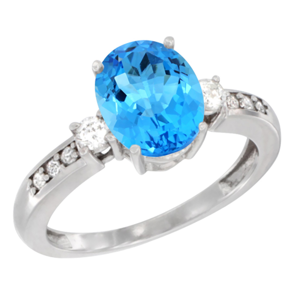 10k Yellow Gold Genuine Blue Topaz Ring Oval 9x7 mm Diamond Accent sizes 5 - 10