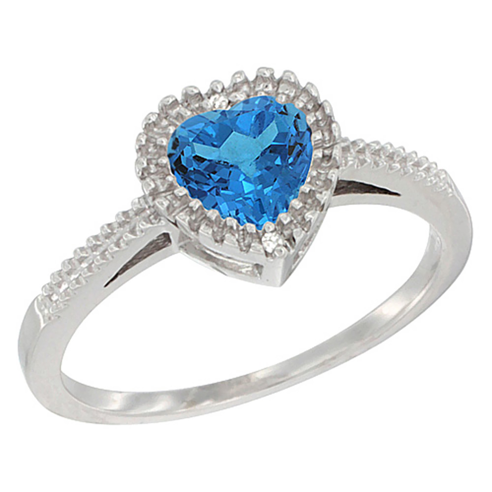 10K White Gold Genuine Blue Topaz Ring Halo Heart 6x6 mm sizes 5 - 10