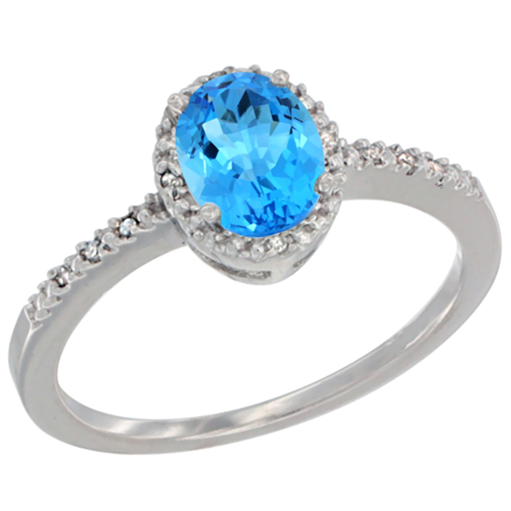 10K Yellow Gold Diamond Genuine Blue Topaz Engagement Ring Halo Oval 7x5 mm sizes 5 - 10