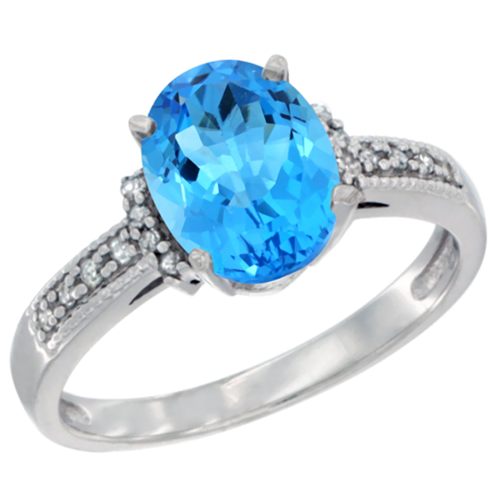 10K Yellow Gold Genuine Blue Topaz Ring Oval 9x7 mm Diamond Accent sizes 5 - 10