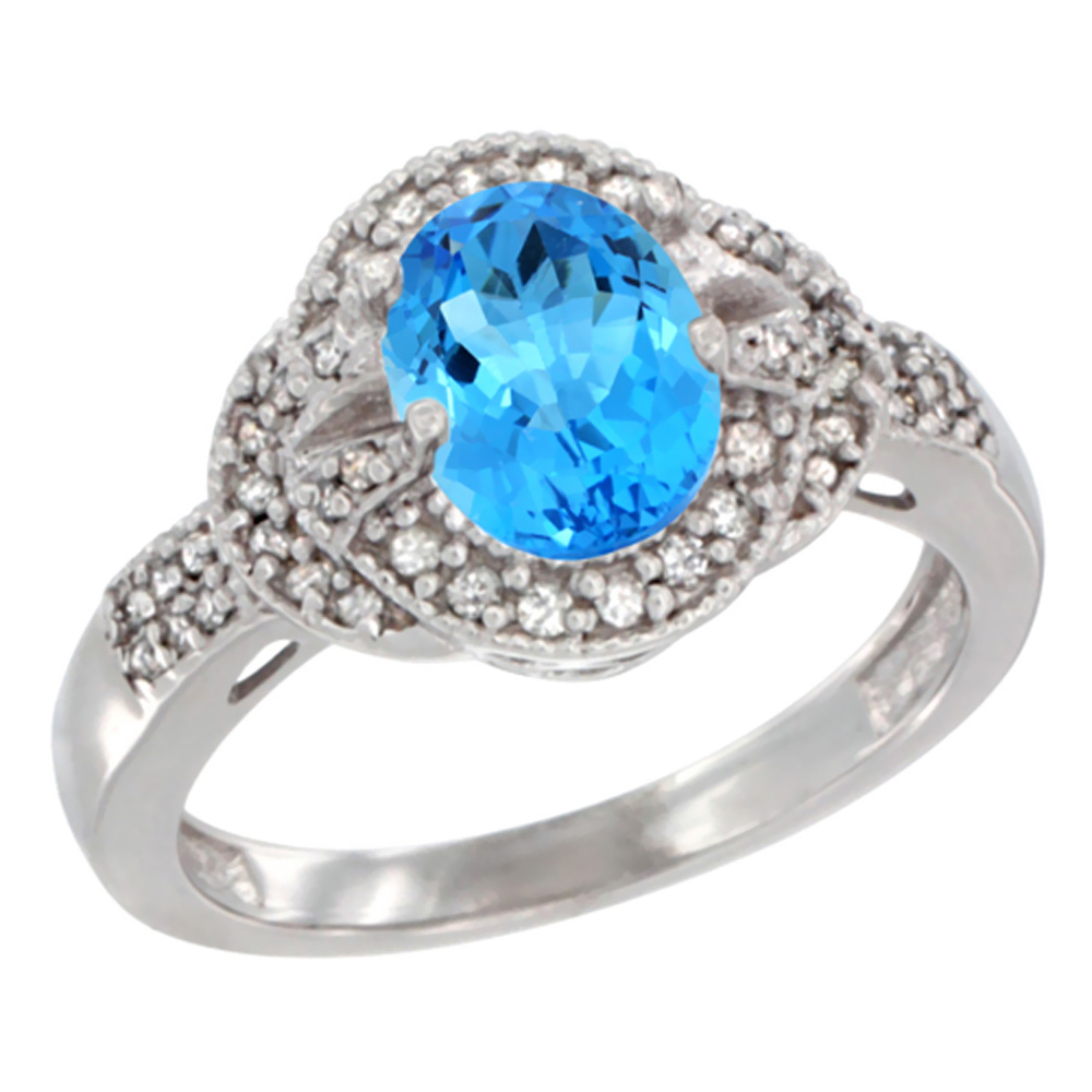 14K White Gold Natural Swiss Blue Topaz Ring Oval 8x6 mm Diamond Accent, sizes 5 - 10