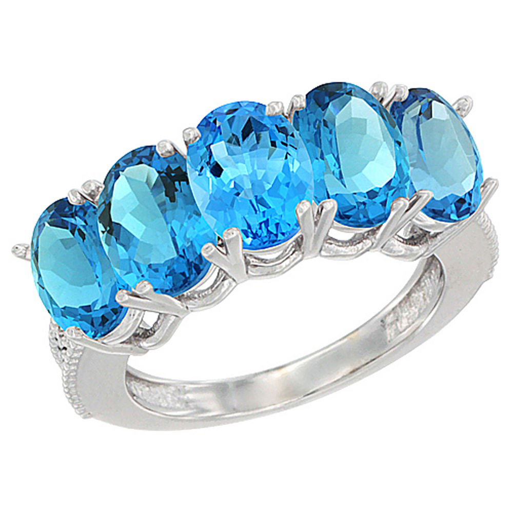 10k White Gold Genuine Blue Topaz 5-Stone Ring Oval 7x5mm Diamond Accent Mothers Ring 1 ct sizes 5 to 10