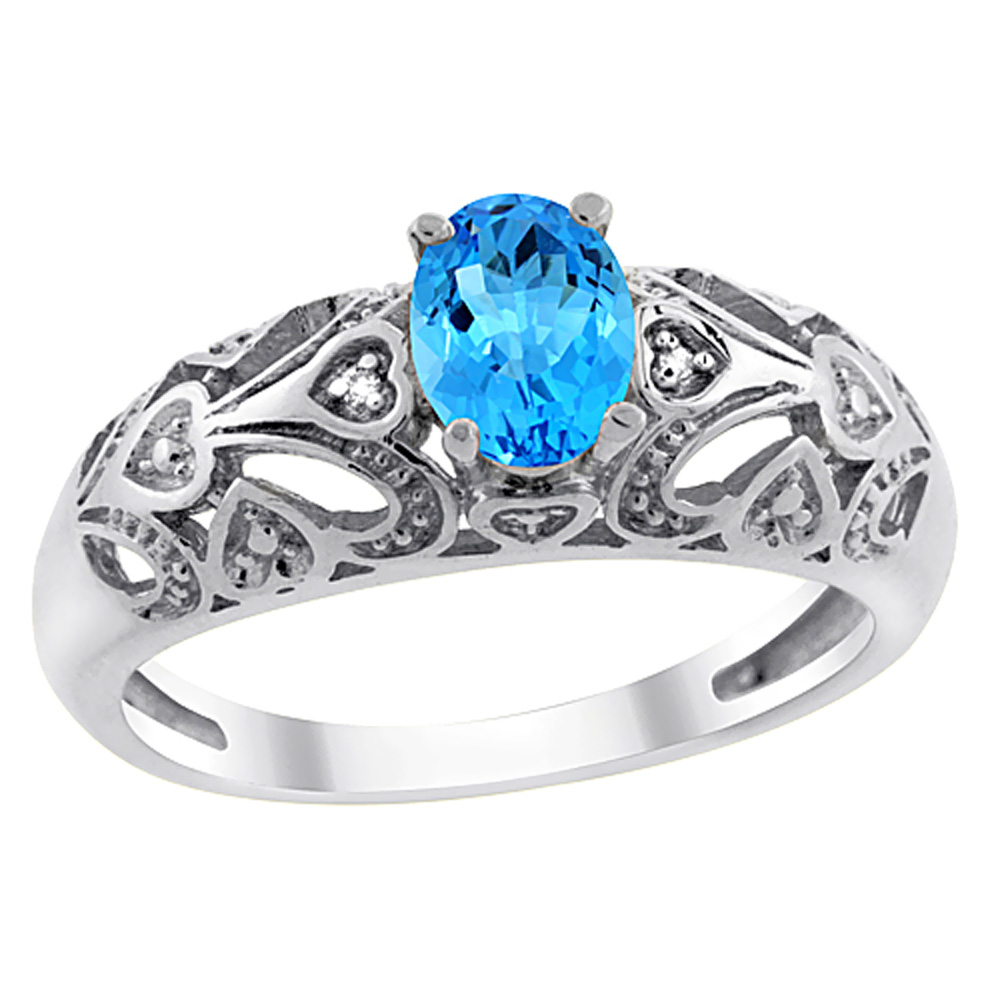 14K White Gold Natural Swiss Blue Topaz Ring Oval 6x4 mm Diamond Accent, sizes 5 - 10