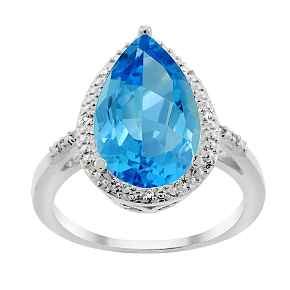 10K White Gold Genuine Blue Topaz Ring Halo Pear Shape 10x15 mm Diamond Accent sizes 5 - 10