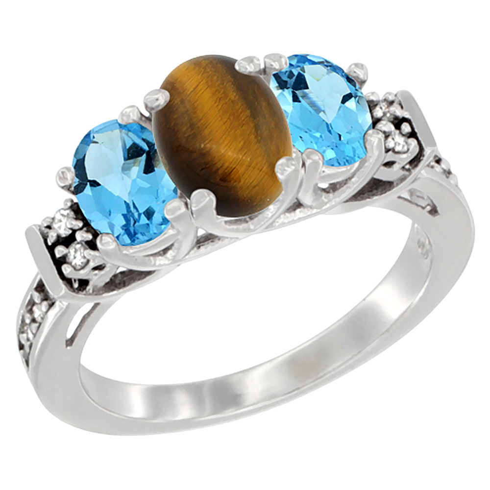 14K White Gold Natural Tiger Eye &amp; Swiss Blue Topaz Ring 3-Stone Oval Diamond Accent, sizes 5-10