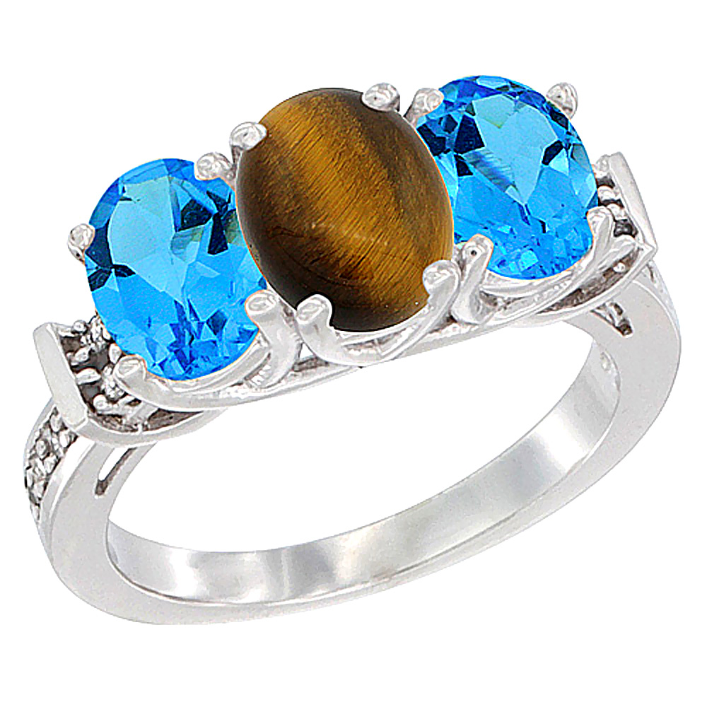 14K White Gold Natural Tiger Eye &amp; Swiss Blue Topaz Sides Ring 3-Stone Oval Diamond Accent, sizes 5 - 10