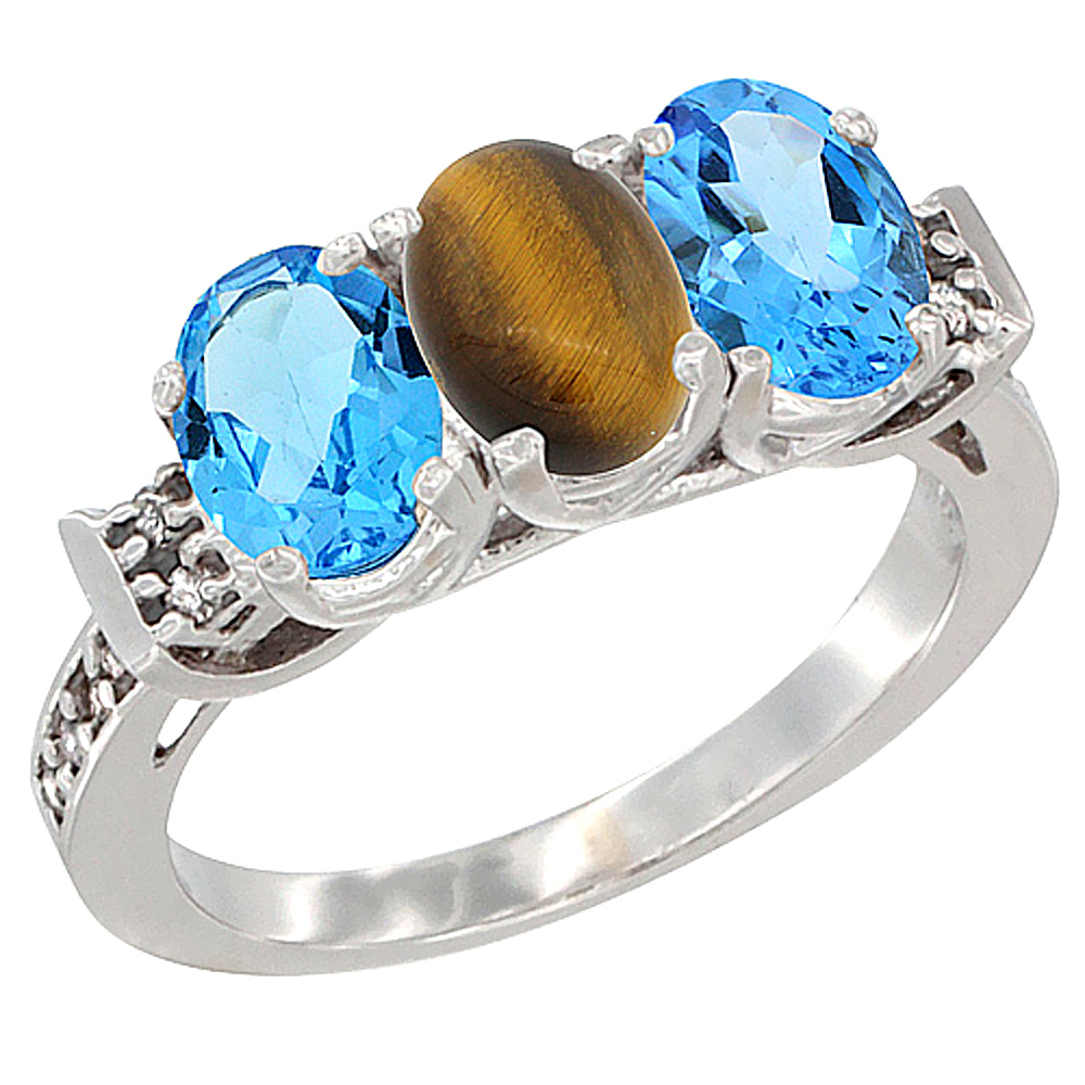 14K White Gold Natural Tiger Eye &amp; Swiss Blue Topaz Sides Ring 3-Stone 7x5 mm Oval Diamond Accent, sizes 5 - 10