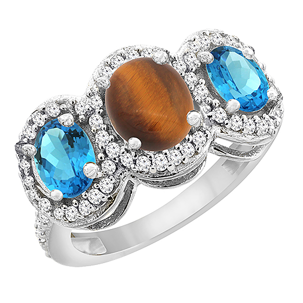 14K White Gold Natural Tiger Eye & Swiss Blue Topaz 3-Stone Ring Oval Diamond Accent, sizes 5 - 10