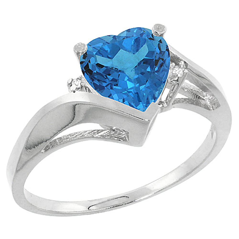 14K White Gold Natural Swiss Blue Topaz Heart Ring 7mm Diamond Accent, sizes 5 - 10