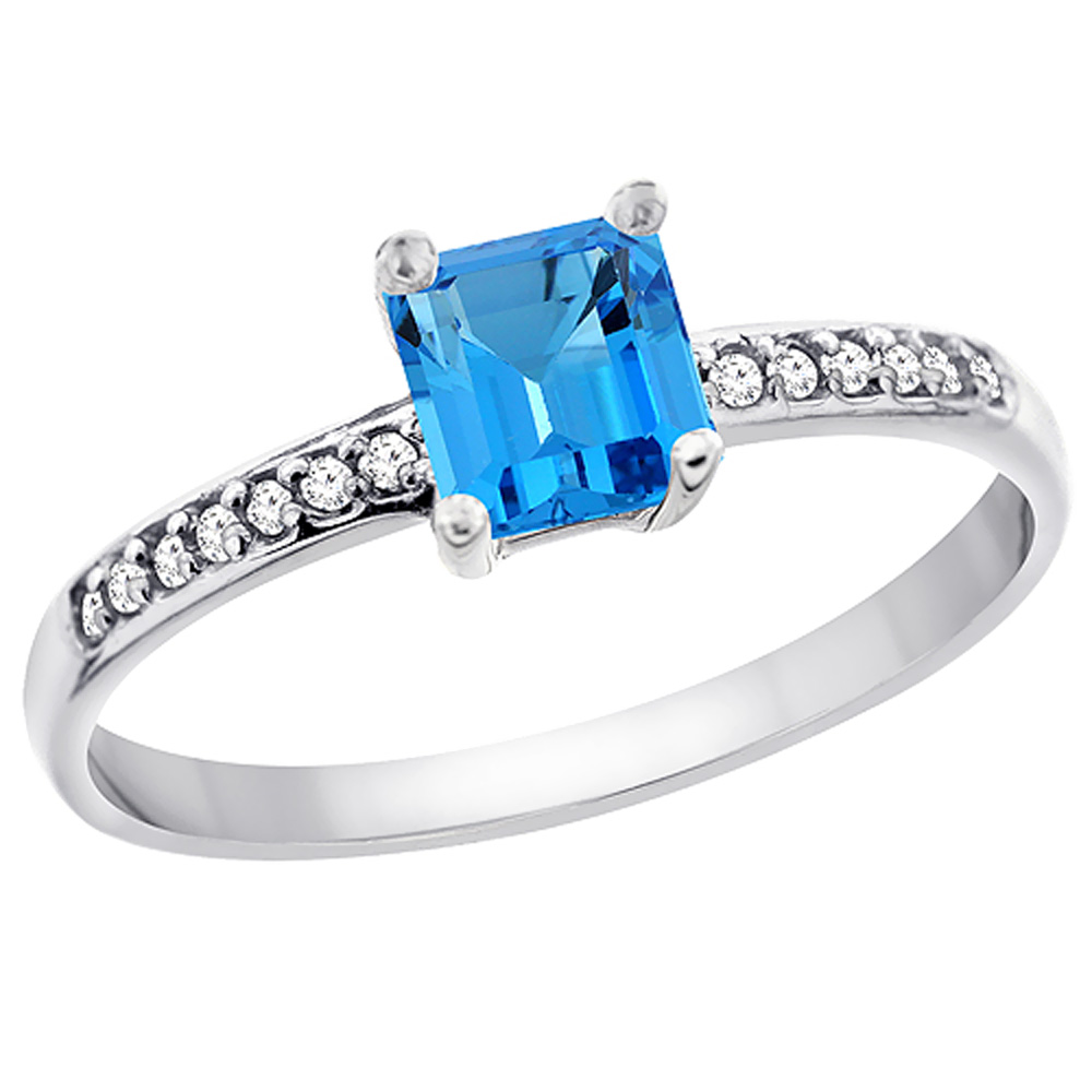 14K White Gold Natural Swiss Blue Topaz Ring Octagon 7x5 mm Diamond Accents