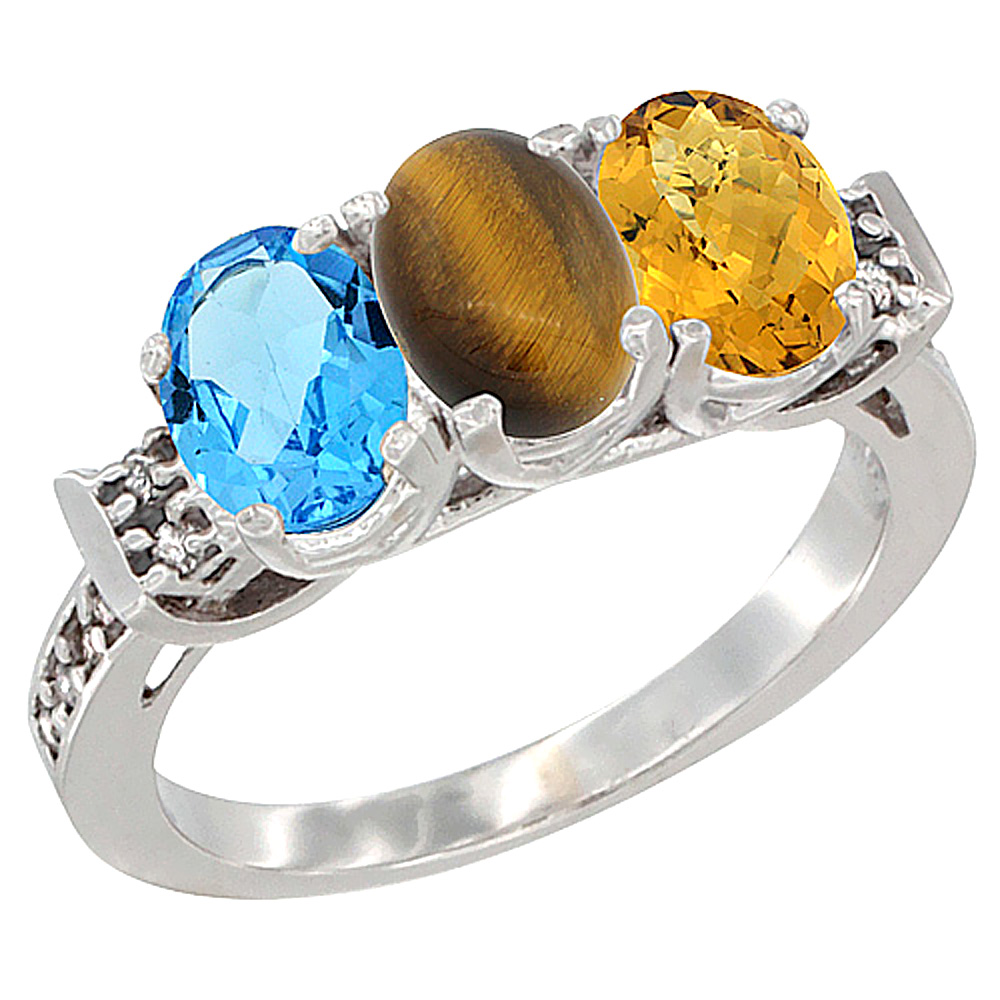 14K White Gold Natural Swiss Blue Topaz, Tiger Eye &amp; Whisky Quartz Ring 3-Stone 7x5 mm Oval Diamond Accent, sizes 5 - 10
