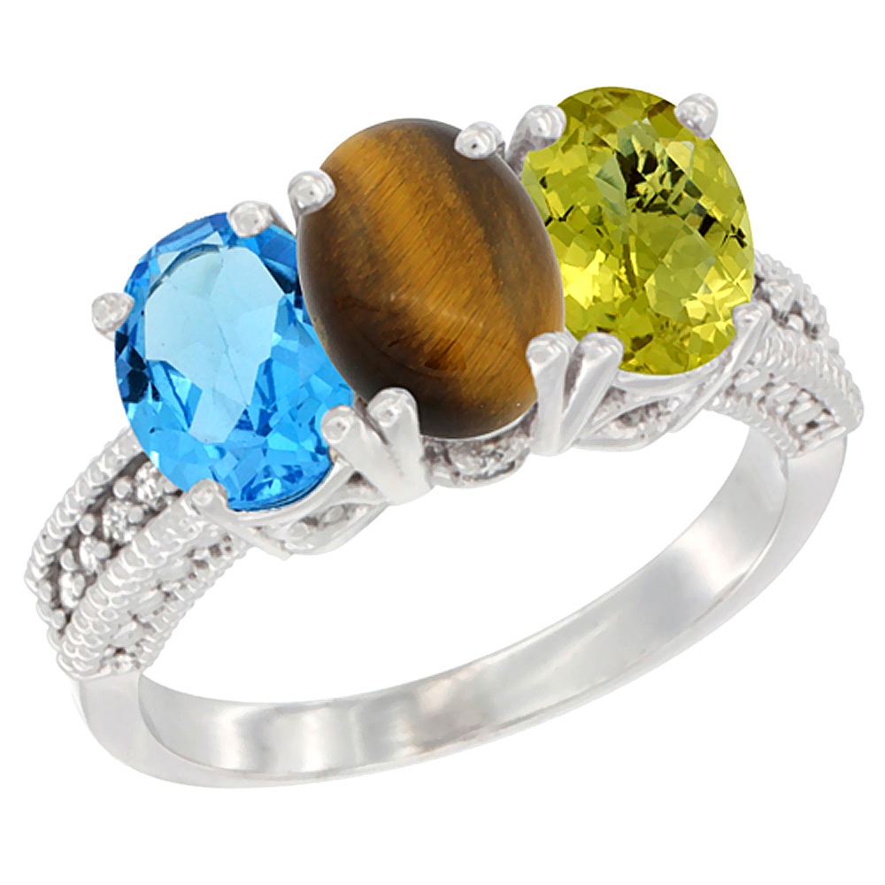 10K White Gold Natural Swiss Blue Topaz, Tiger Eye &amp; Lemon Quartz Ring 3-Stone Oval 7x5 mm Diamond Accent, sizes 5 - 10