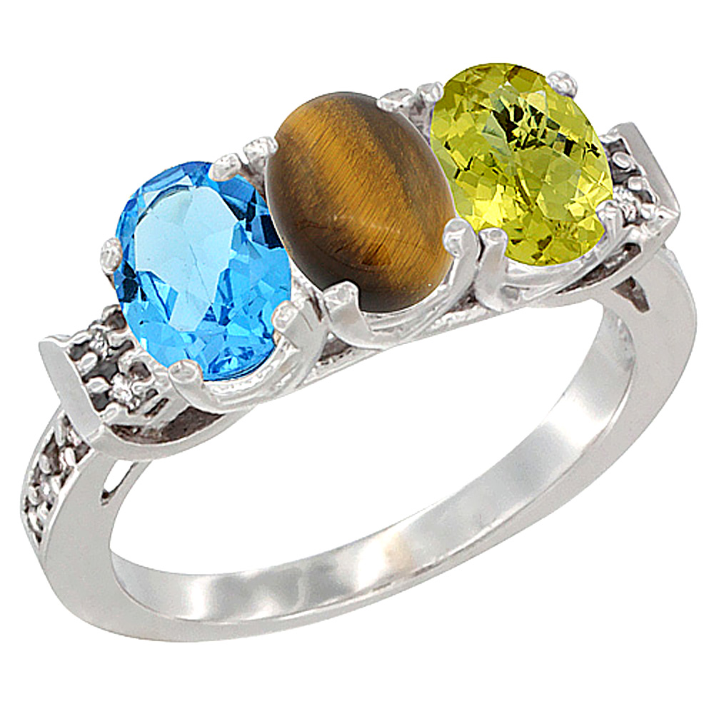 14K White Gold Natural Swiss Blue Topaz, Tiger Eye &amp; Lemon Quartz Ring 3-Stone 7x5 mm Oval Diamond Accent, sizes 5 - 10