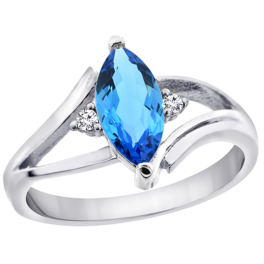 14K White Gold Natural Swiss Blue Topaz Ring Marquise 10x5mm Diamond Accent, sizes 5 - 10 with half sizes