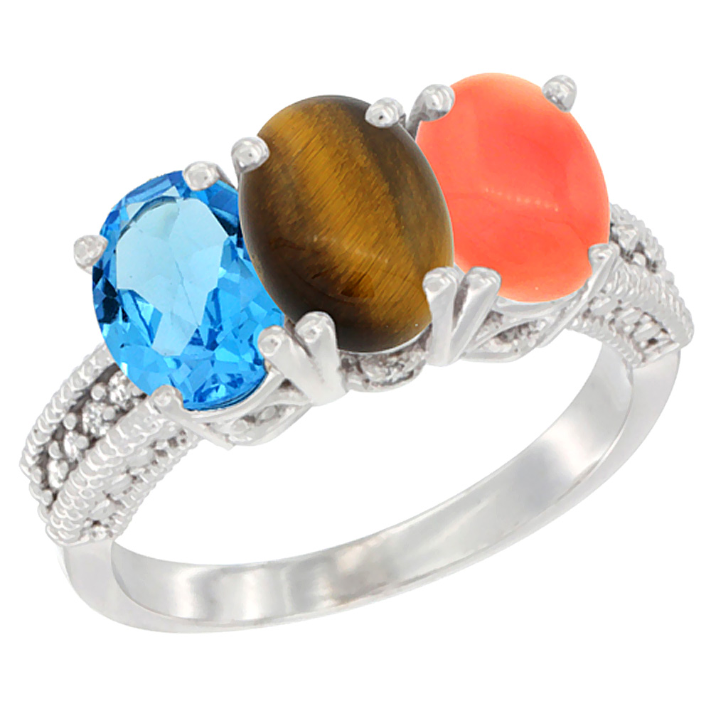 10K White Gold Natural Swiss Blue Topaz, Tiger Eye & Coral Ring 3-Stone Oval 7x5 mm Diamond Accent, sizes 5 - 10