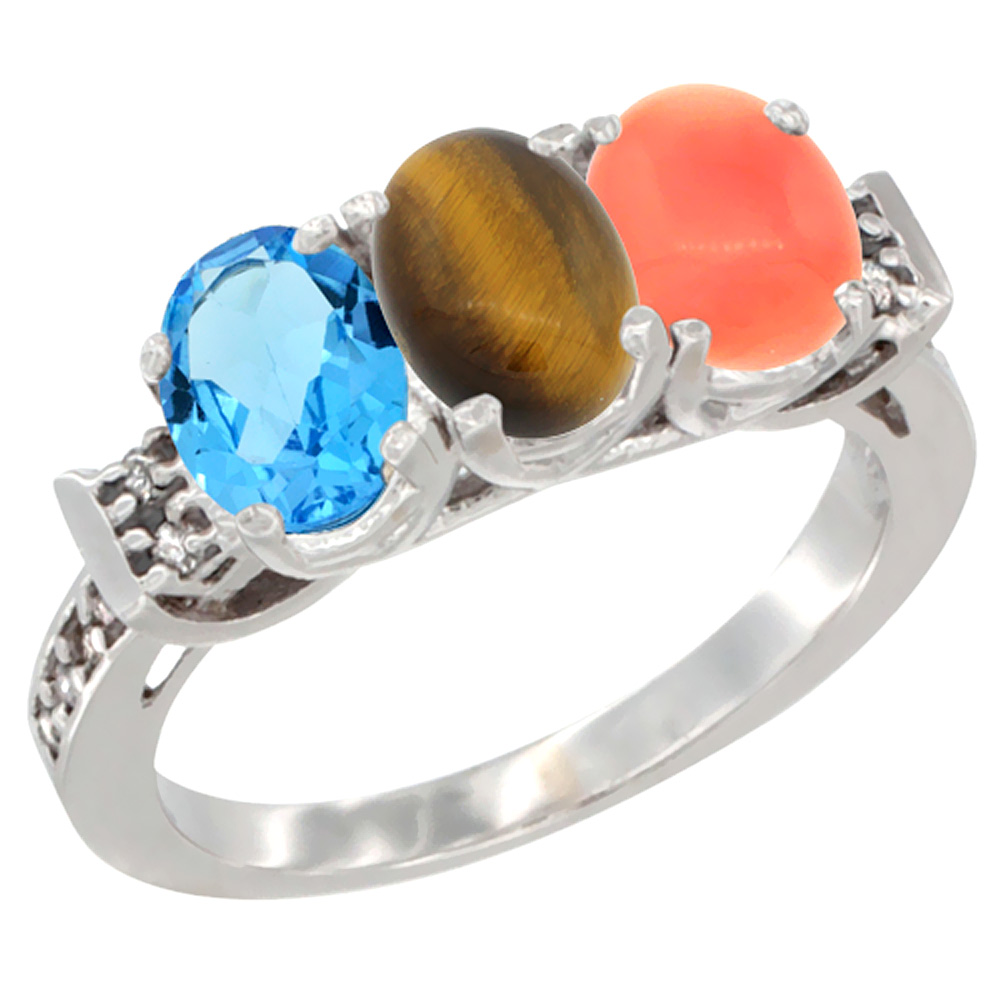 10K White Gold Natural Swiss Blue Topaz, Tiger Eye & Coral Ring 3-Stone Oval 7x5 mm Diamond Accent, sizes 5 - 10
