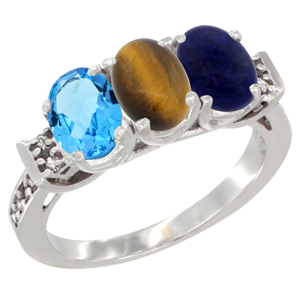 14K White Gold Natural Swiss Blue Topaz, Tiger Eye &amp; Lapis Ring 3-Stone 7x5 mm Oval Diamond Accent, sizes 5 - 10