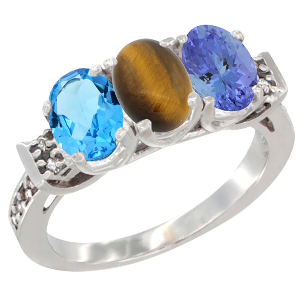 10K White Gold Natural Swiss Blue Topaz, Tiger Eye &amp; Tanzanite Ring 3-Stone Oval 7x5 mm Diamond Accent, sizes 5 - 10