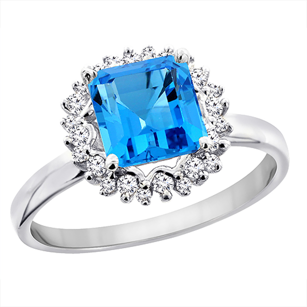 10K White Gold Genuine Blue Topaz Ring Halo Square 6x6 mm Diamond Accent sizes 5 - 10