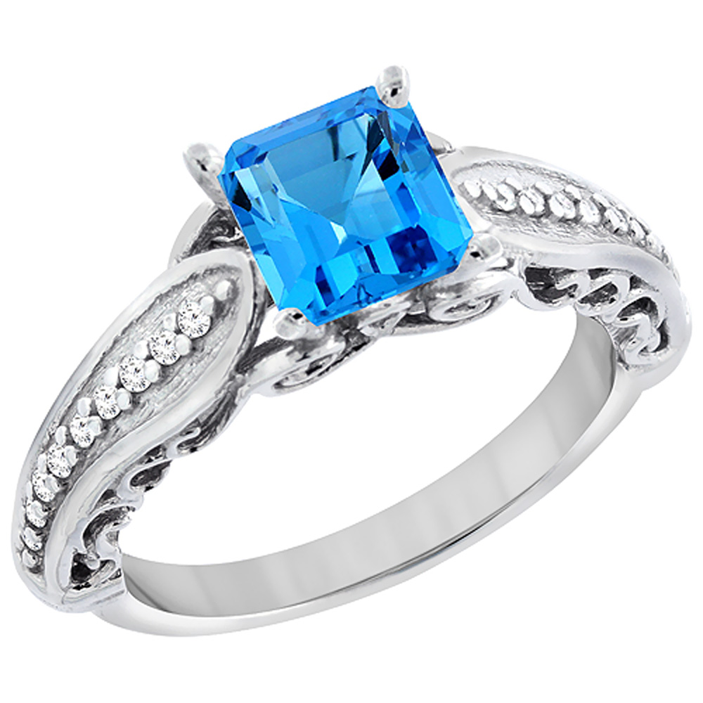 14K White Gold Natural Swiss Blue Topaz Ring Square 8x8mm with Diamond Accents, sizes 5 - 10