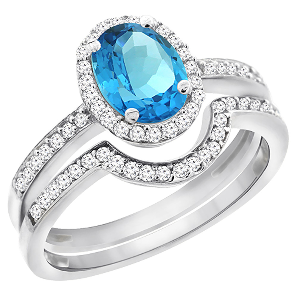 10K White Gold Diamond Genuine Blue Topaz 2-Pc. Engagement Ring Halo Set Oval 8x6 mm sizes 5 - 10