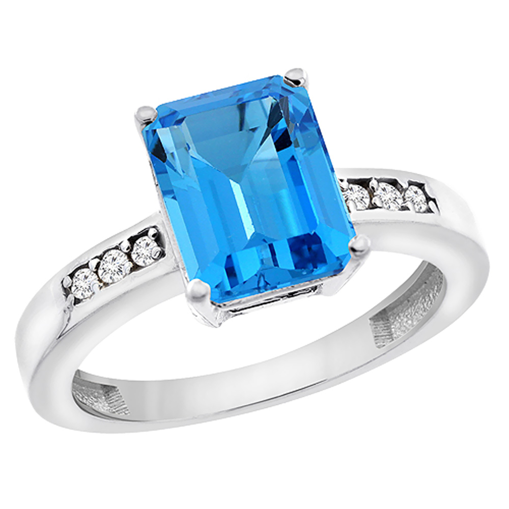 10K White Gold Genuine Blue Topaz Ring Octagon 9x7 mm Diamond Accent sizes 5 - 10