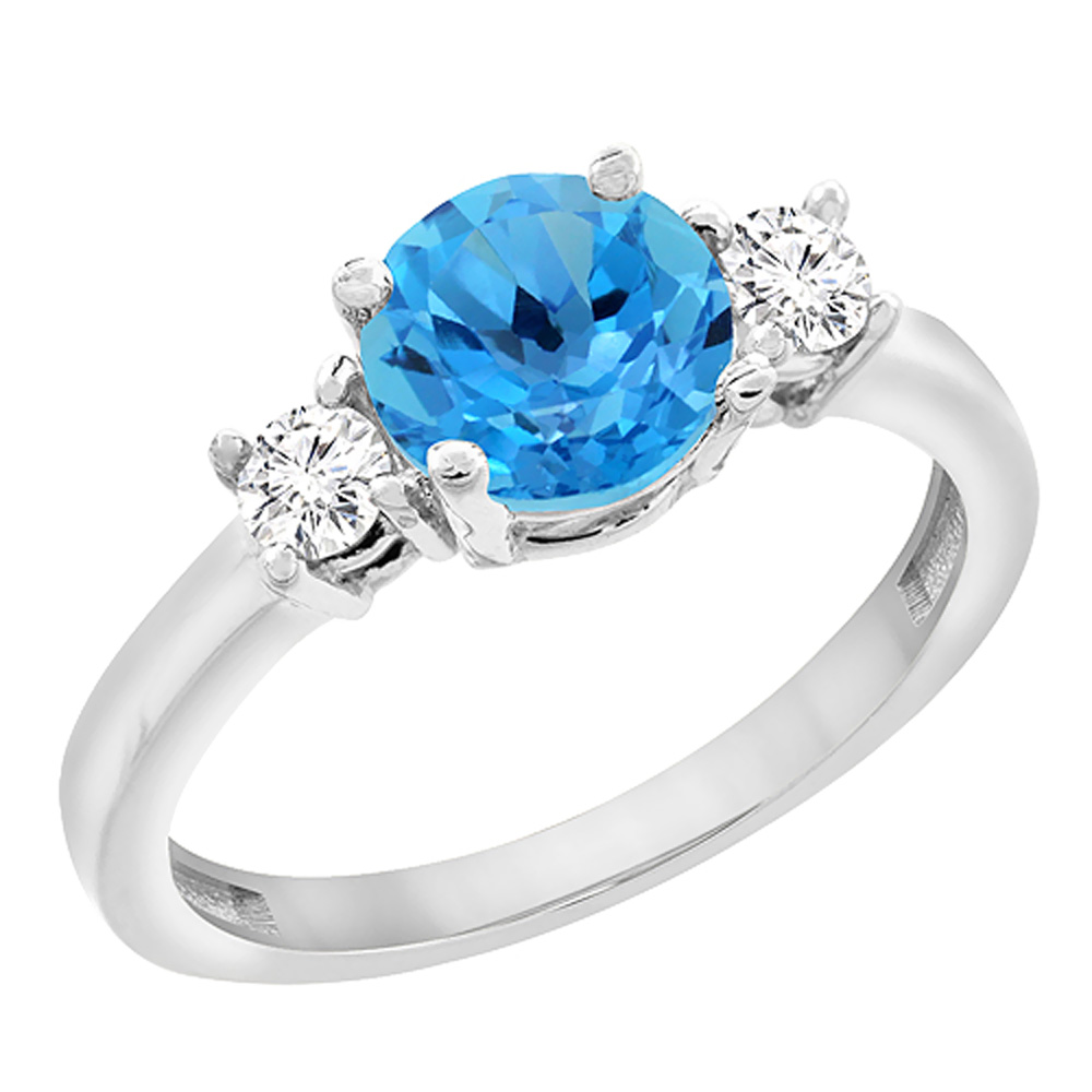 10K White Gold Diamond Natural Swiss Blue Topaz Engagement Ring Round 7mm, sizes 5to10 w/ half sizes