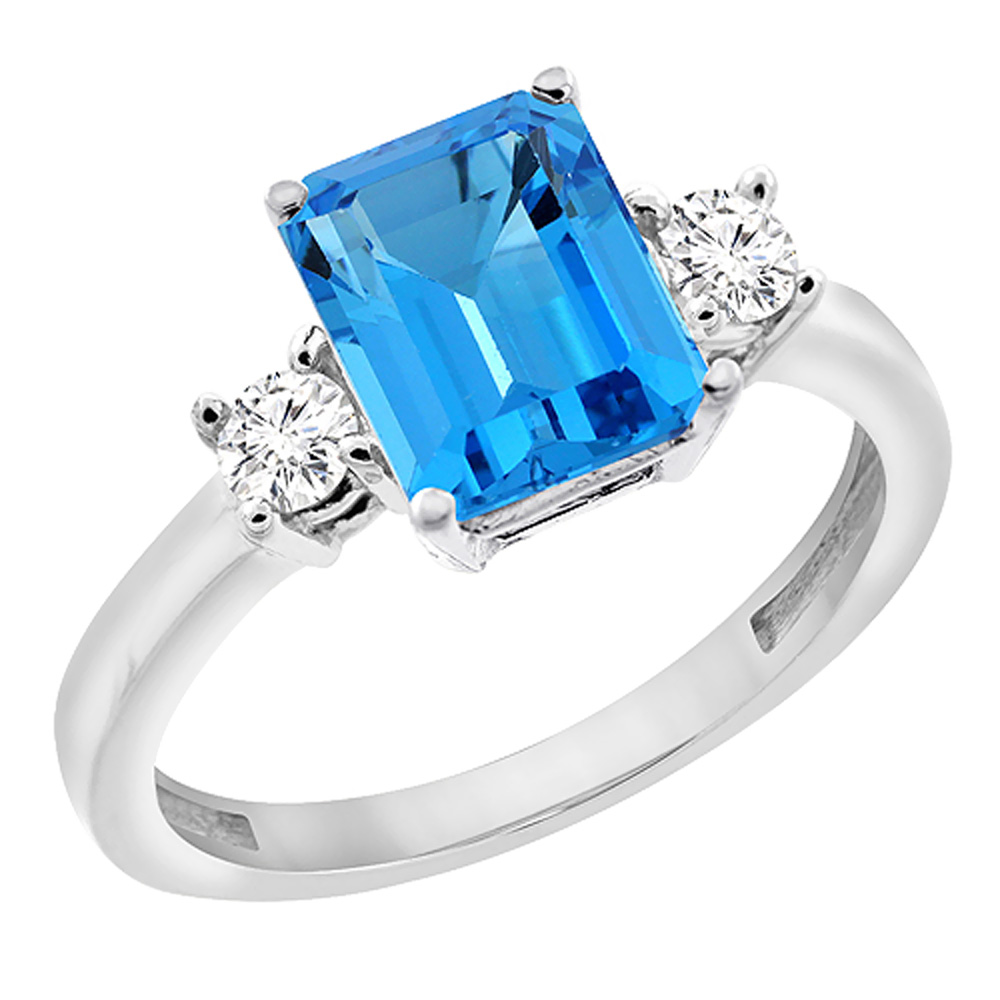 14K White Gold Natural Swiss Blue Topaz Ring Octagon 8x6 mm with Diamond Accents, sizes 5 - 10