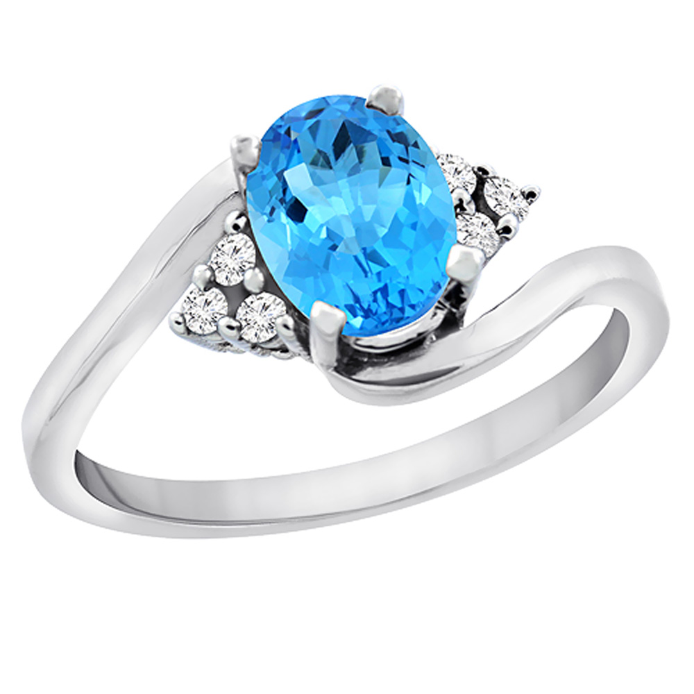 10K White Gold Diamond Genuine Blue Topaz Engagement Ring Oval 7x5mm sizes 5 - 10