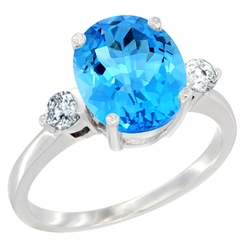14K White Gold 10x8mm Oval Natural Swiss Blue Topaz Ring for Women Diamond Side-stones sizes 5 - 10