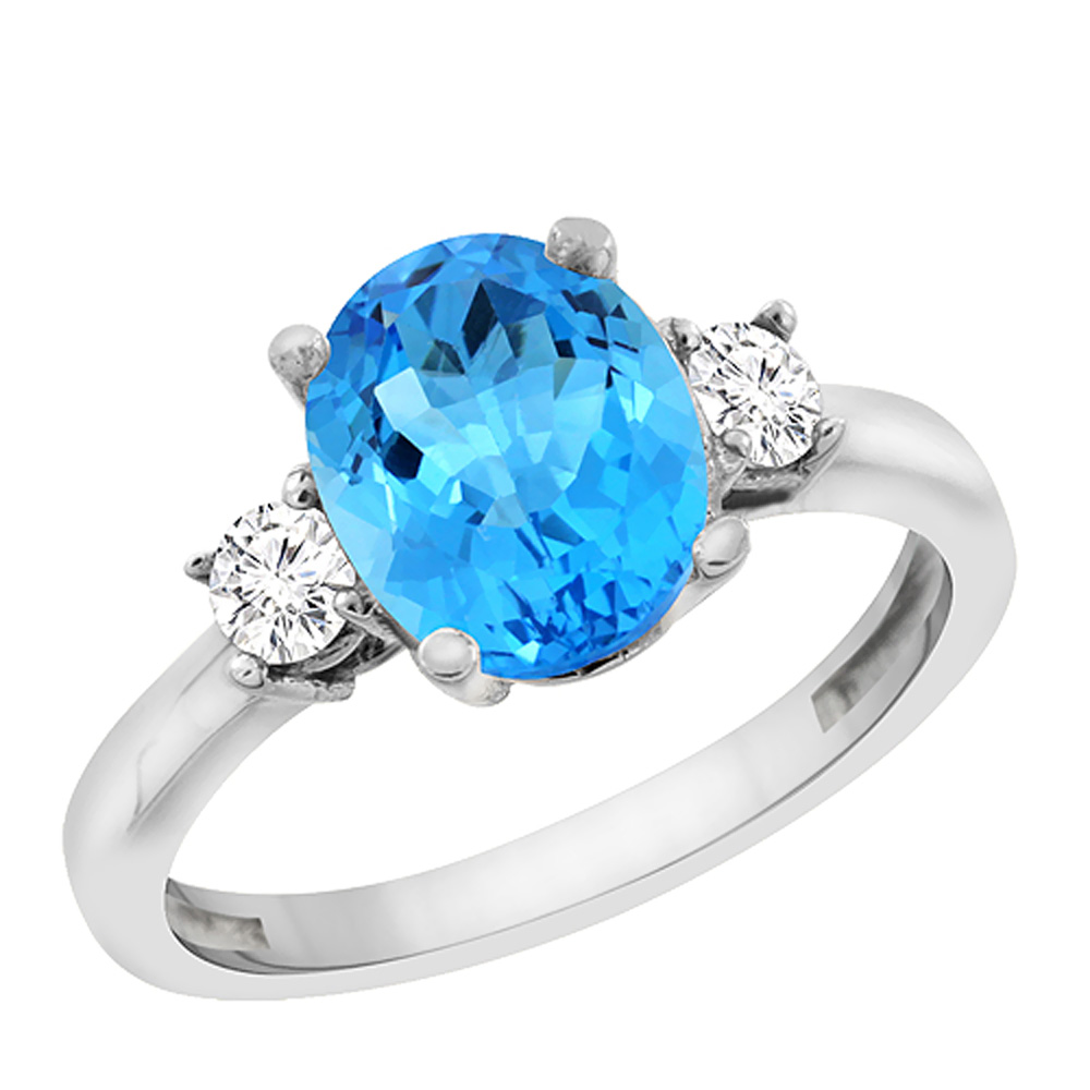 14K White Gold Natural Swiss Blue Topaz Engagement Ring Oval 10x8 mm Diamond Sides, sizes 5 - 10