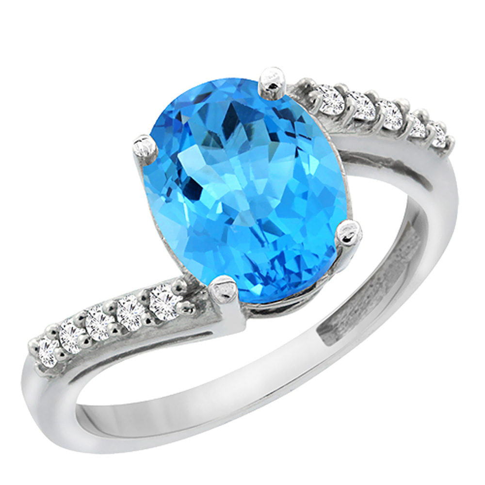 10K White Gold Diamond Genuine Blue Topaz Engagement Ring Oval 10x8mm sizes 5-10