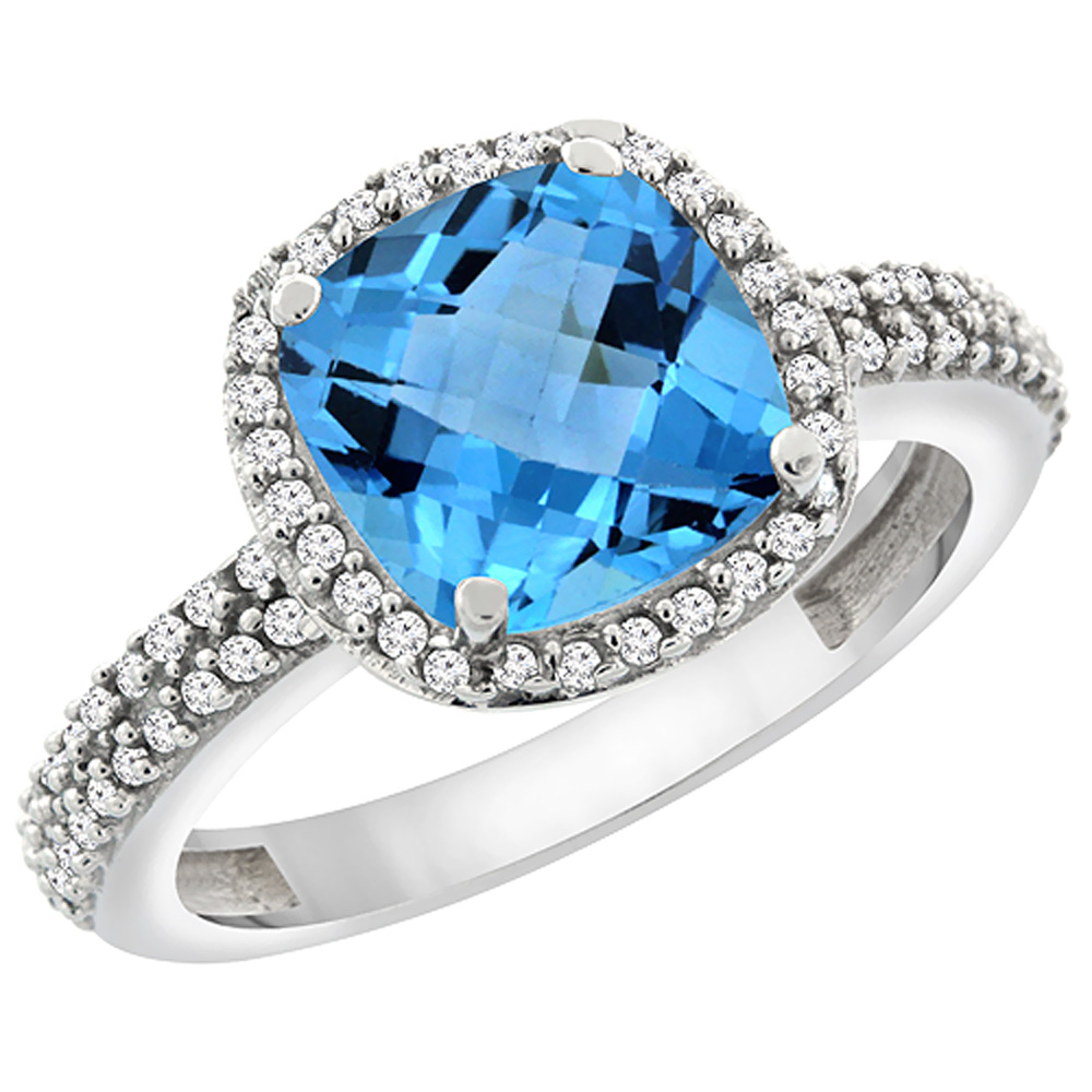14K White Gold Natural Swiss Blue Topaz Cushion 8x8 mm with Diamond Accents, sizes 5 - 10