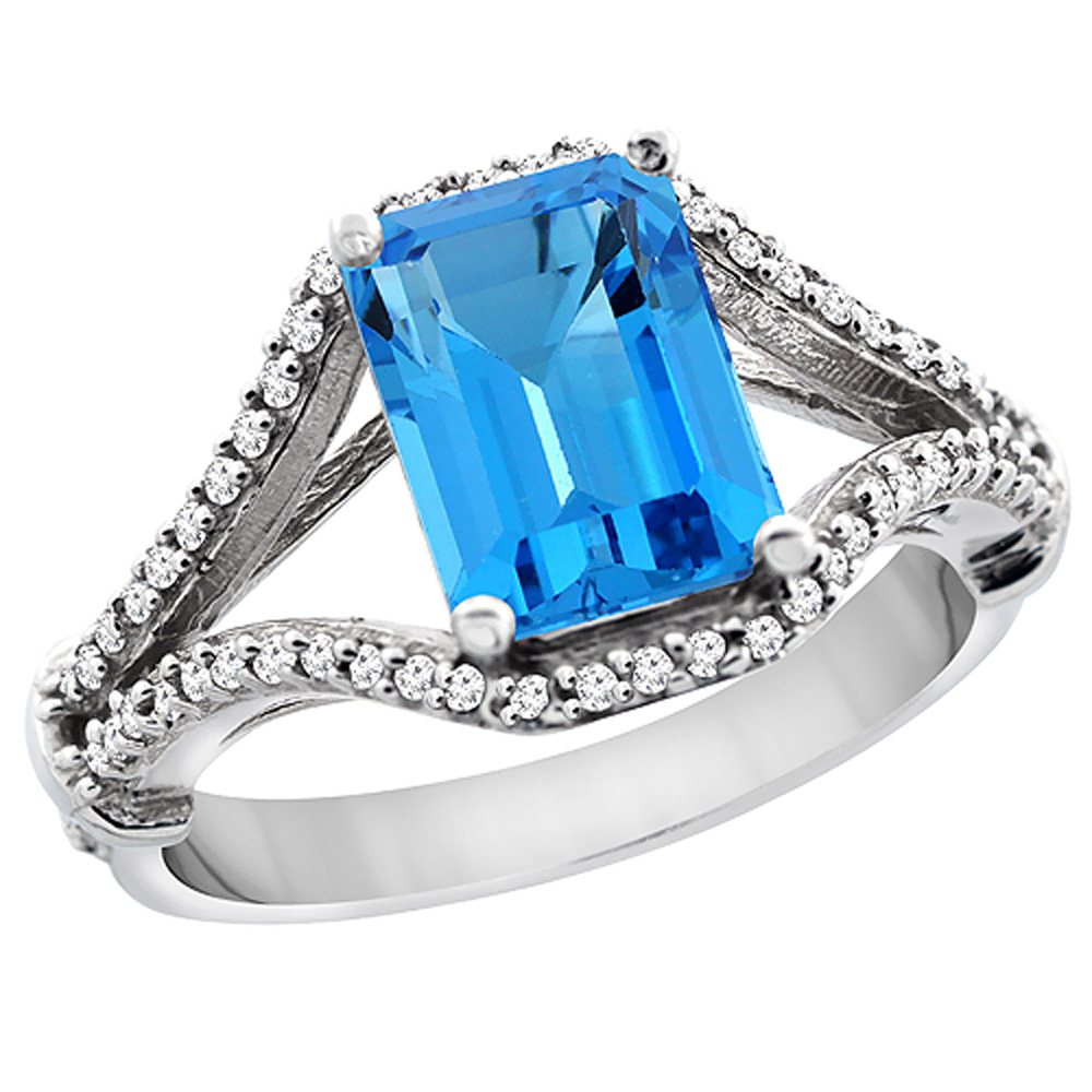 14K White Gold Natural Swiss Blue Topaz Ring Octagon 8x6 mm with Diamond Accents, sizes 5 - 10