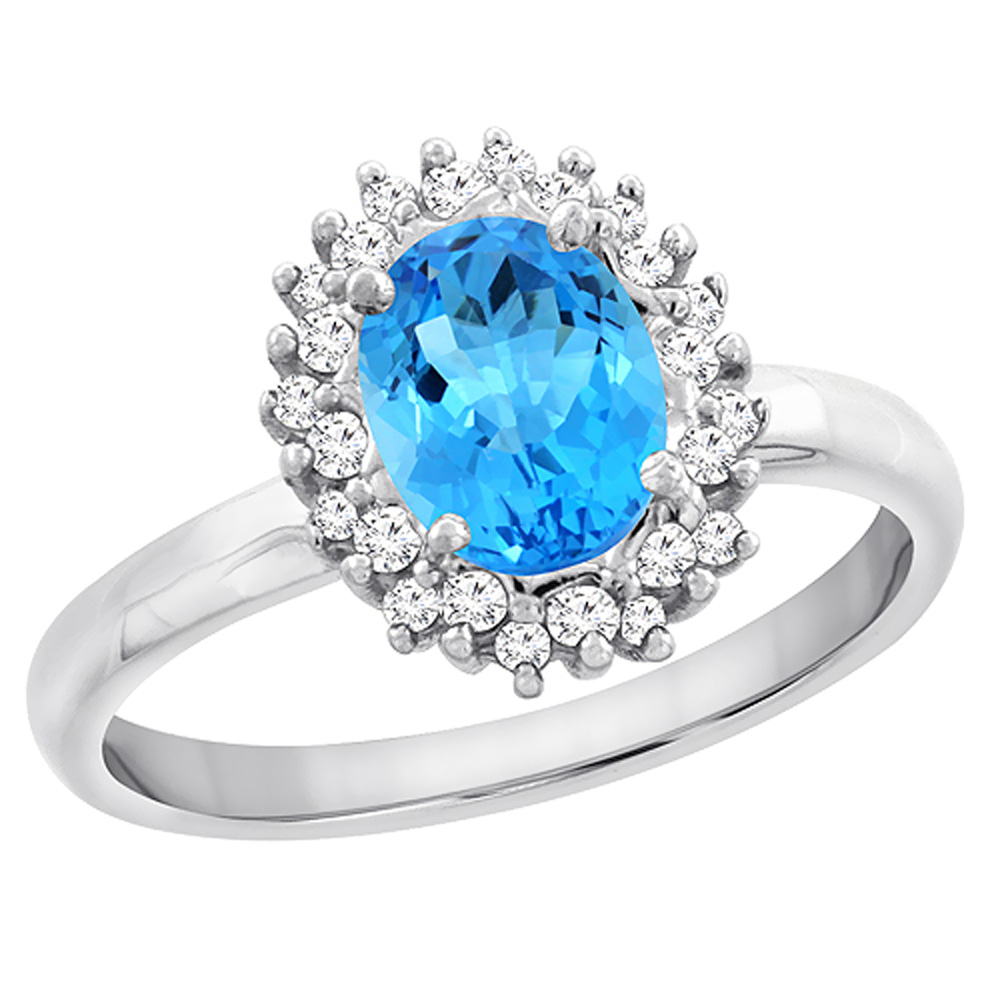 10K White Gold Diamond Genuine Blue Topaz Engagement Ring Halo Oval 7x5mm sizes 5 - 10