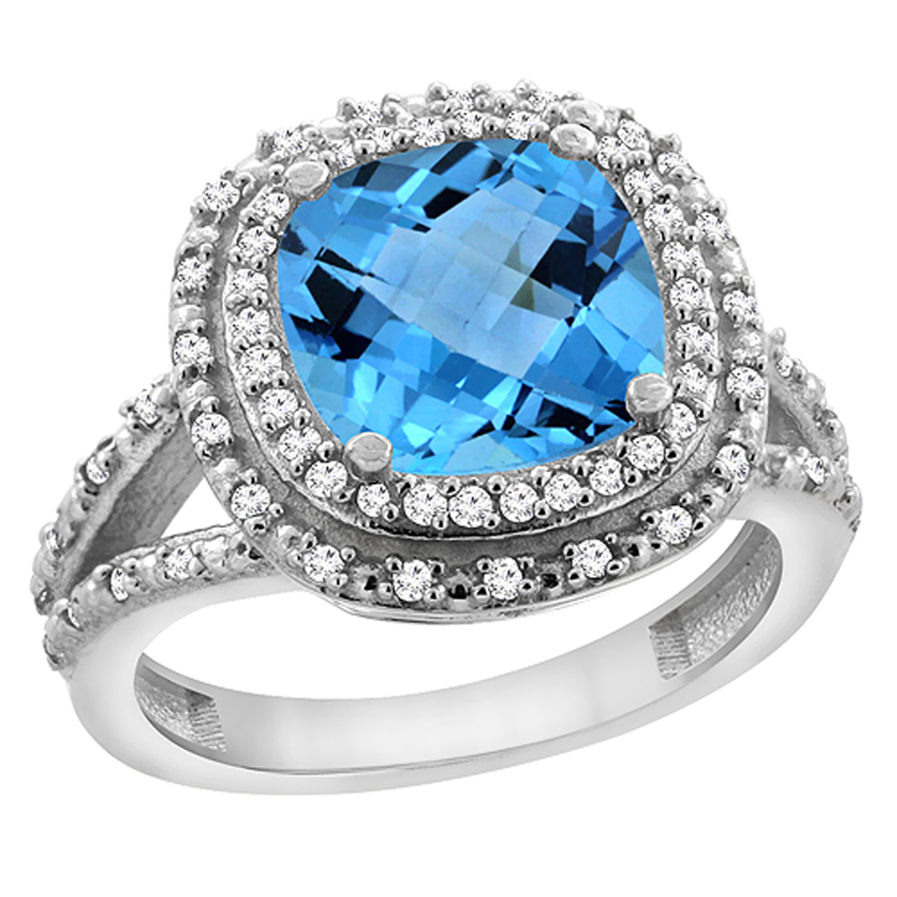 14K White Gold Natural Swiss Blue Topaz Ring Cushion 8x8 mm with Diamond Accents, sizes 5 - 10