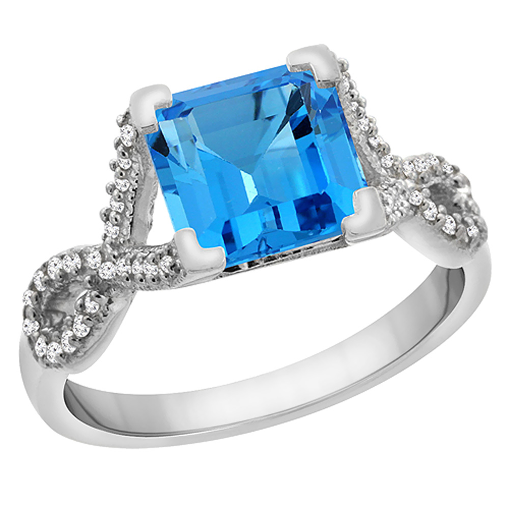 14K White Gold Natural Swiss Blue Topaz Ring Square 7x7 mm Diamond Accents, sizes 5 to 10