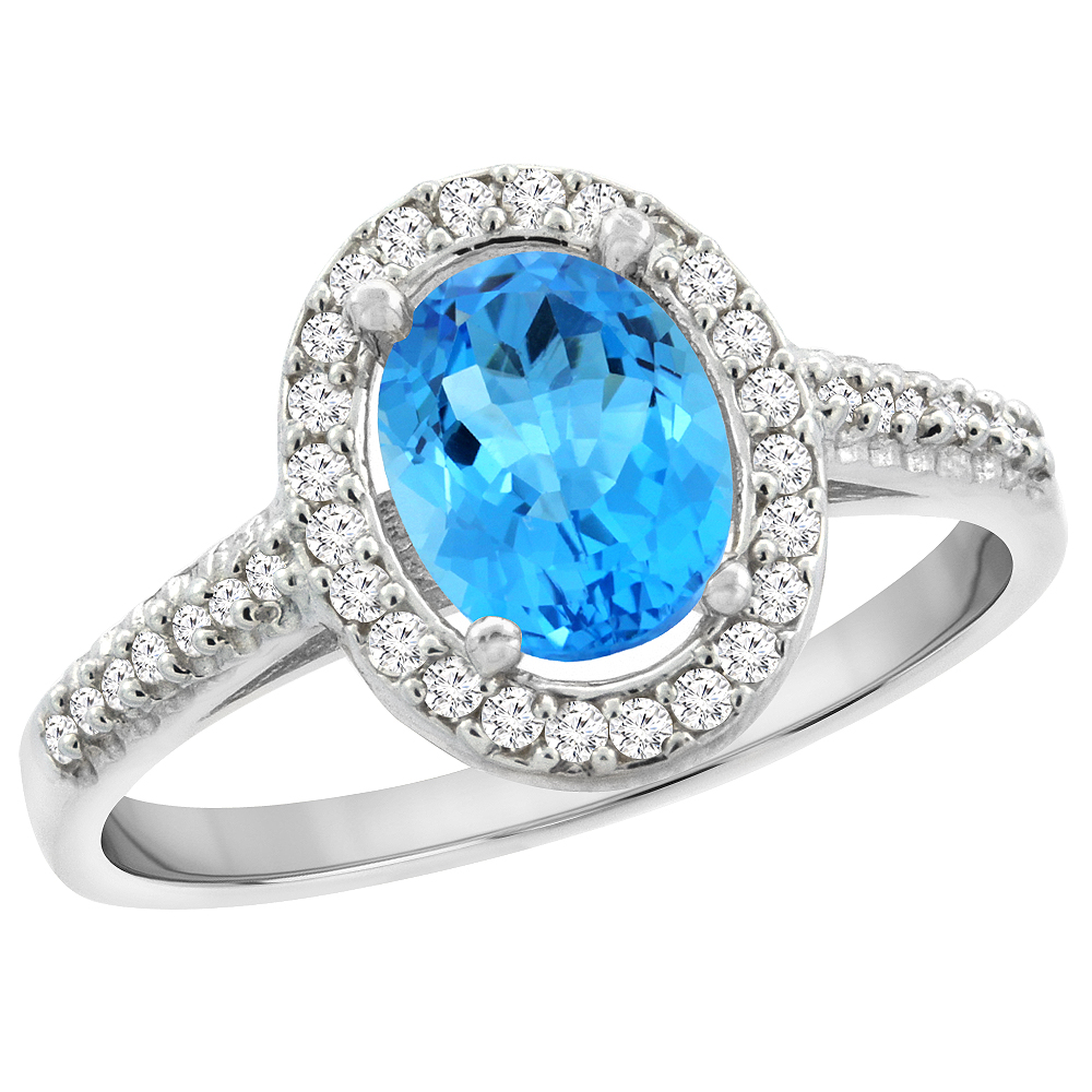 14K White Gold Natural Swiss Blue Topaz Engagement Ring Oval 7x5 mm Diamond Halo, sizes 5 - 10
