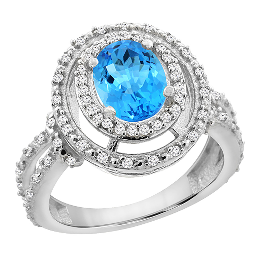 14K White Gold Natural Swiss Blue Topaz Ring Oval 8x6 mm Double Halo Diamond, sizes 5 - 10