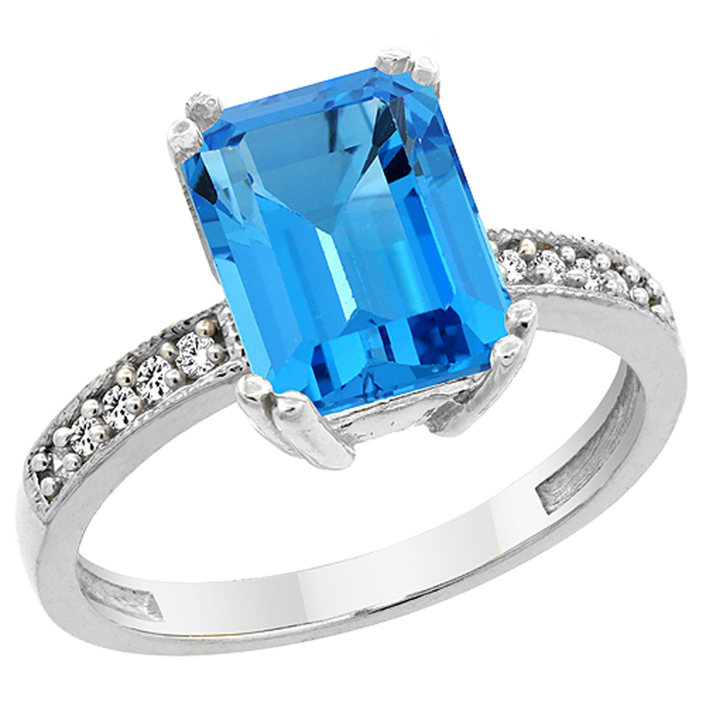 14K White Gold Natural Swiss Blue Topaz Ring Octagon 10x8mm Diamond Accent, sizes 5 to 10