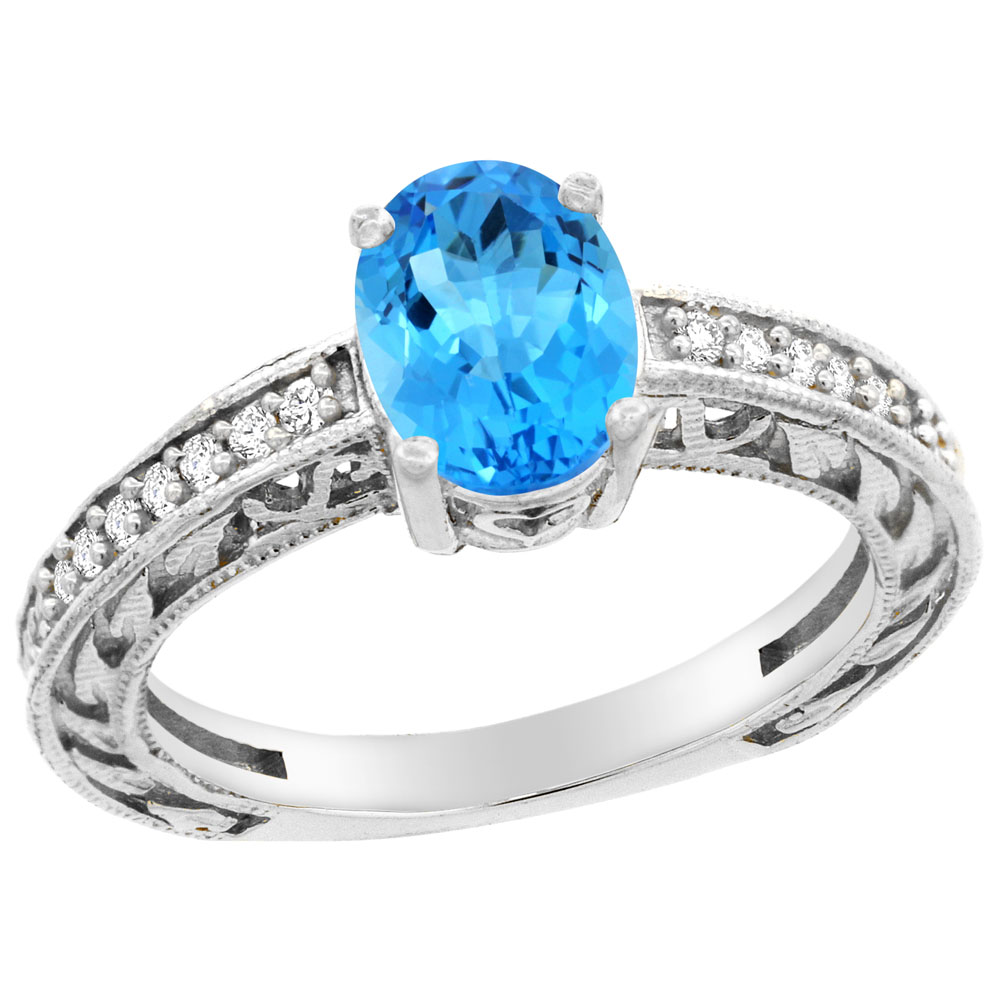 10K Gold Genuine Blue Topaz Ring Oval 8x6 mm Diamond Accent sizes 5 - 10
