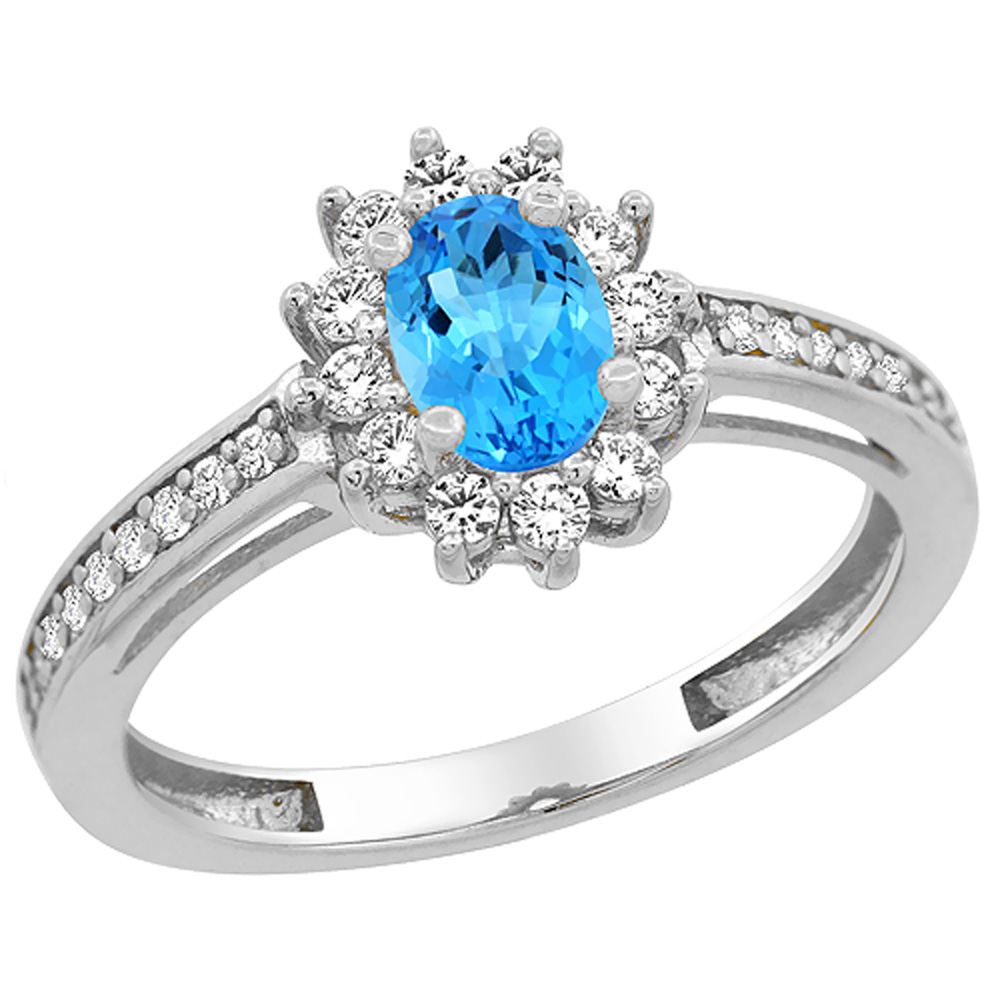14K White Gold Natural Swiss Blue Topaz Flower Halo Ring Oval 6x4mm Diamond Accents, sizes 5 - 10