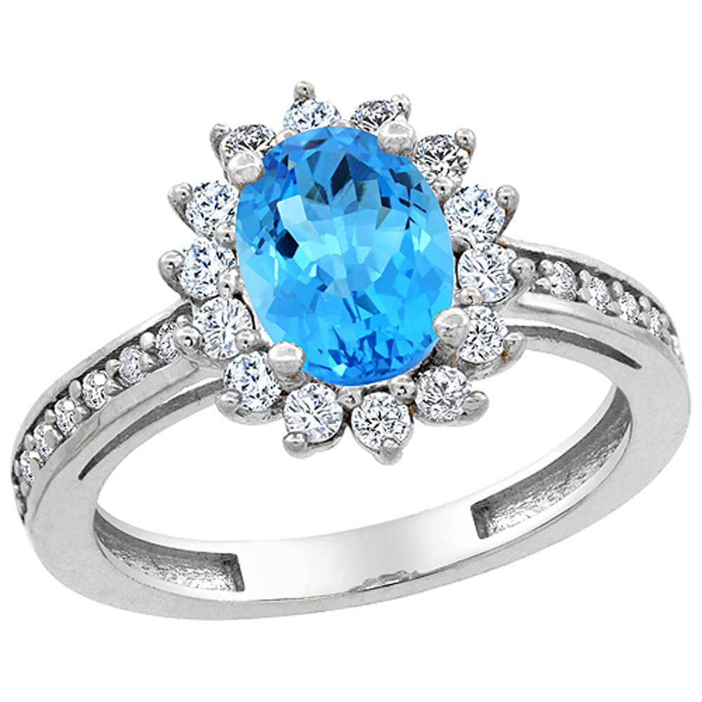14K White Gold Natural Swiss Blue Topaz Floral Halo Ring Oval 8x6mm Diamond Accents, sizes 5 - 10