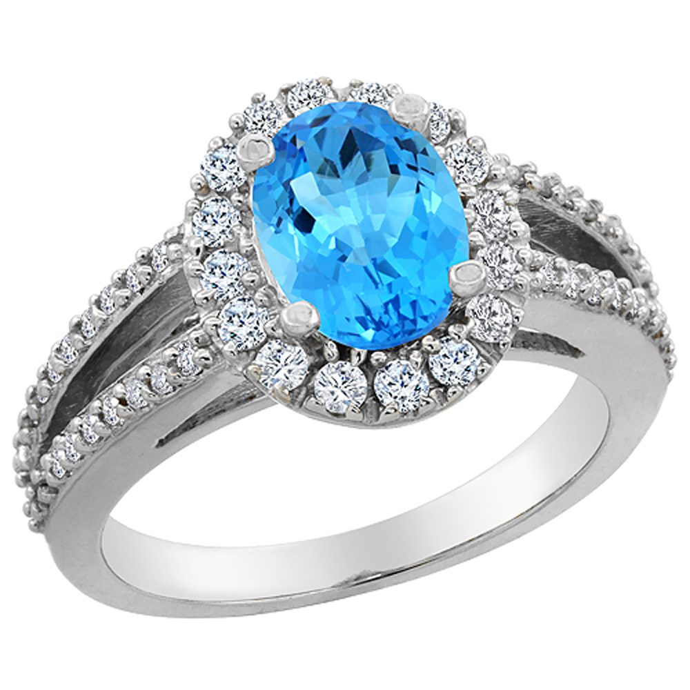 14K White Gold Natural Swiss Blue Topaz Halo Ring Oval 8x6 mm with Diamond Accents, sizes 5 - 10