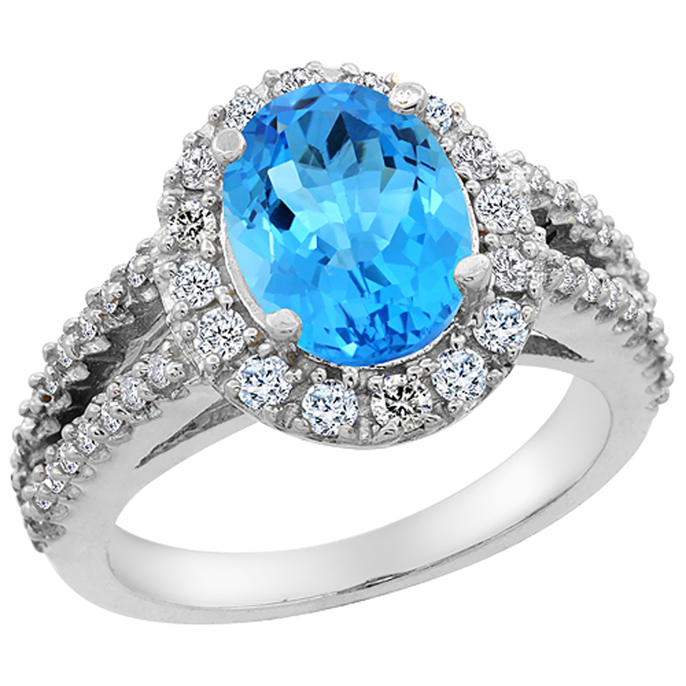 14K White Gold Diamond Natural Swiss Blue Topaz Engagement Ring Oval 10x8mm, sizes 5-10
