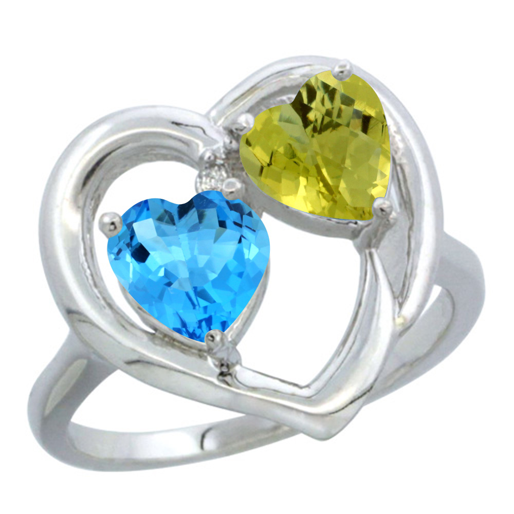 10K White Gold Diamond Two-stone Heart Ring 6mm Natural Swiss Blue Topaz &amp; Lemon Quartz, sizes 5-10