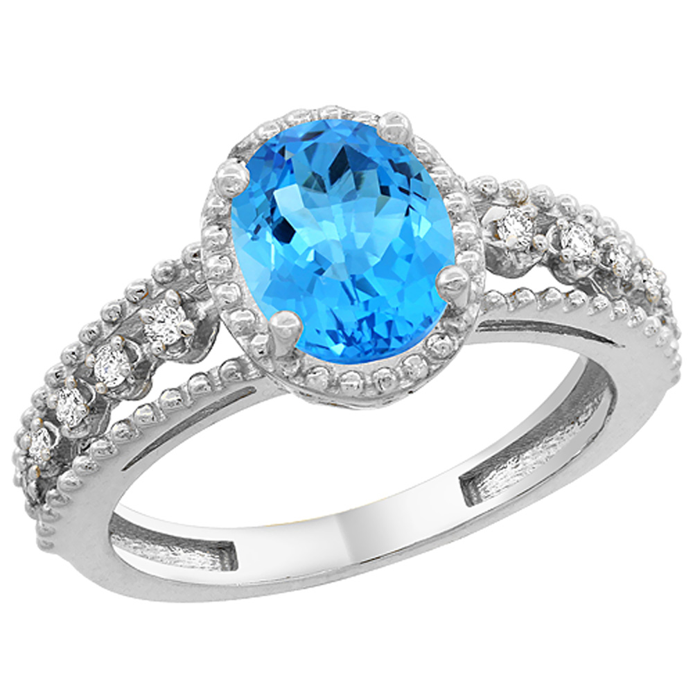 14K White Gold Natural Swiss Blue Topaz Ring Oval 9x7 mm Floating Diamond Accents, sizes 5 - 10