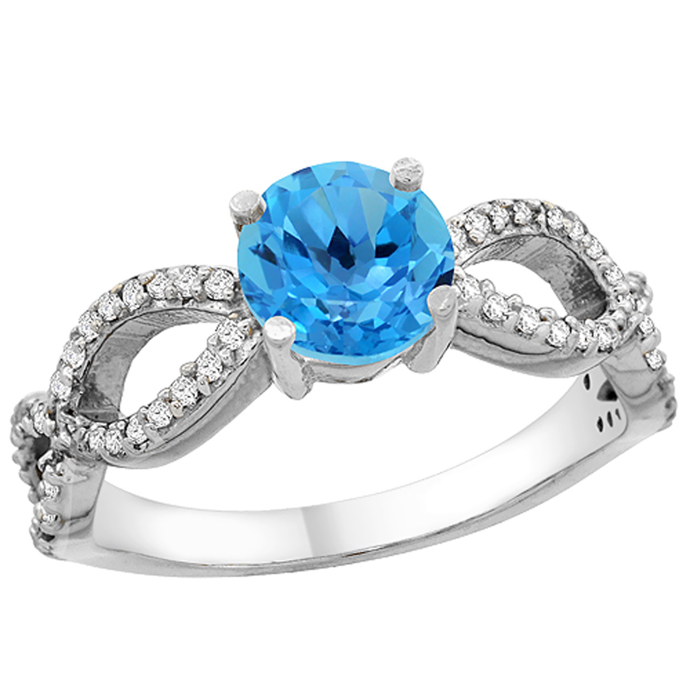 14K White Gold Natural Swiss Blue Topaz Ring Round 6mm Infinity Diamond Accents, sizes 5 - 10